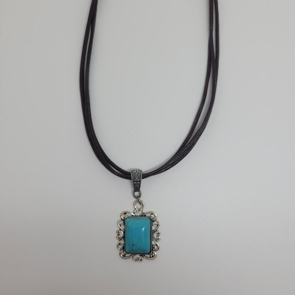 3 Strand Distressed Leather Necklace with Turquoise Pendant with scroll detail - Picture 6 of 7